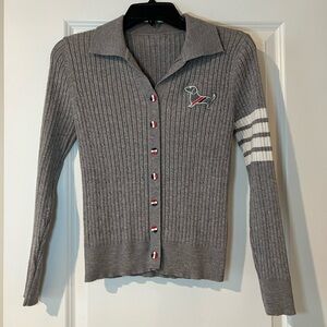 Thom Browne Gray Ribbed Cardigan with White Accents Puppy Embroidered